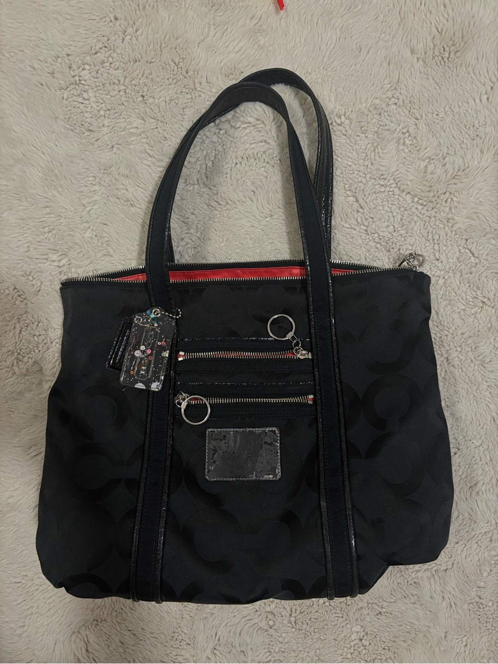 Coach Poppy Op Art Glam Tote 13826 Black Signature Jacquard Red Lining